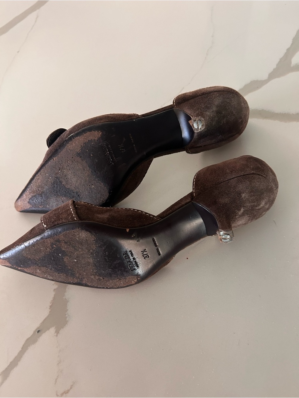 Prada Chocolate Brown Suede Pointed Buckle Heels - Picture 3 of 3